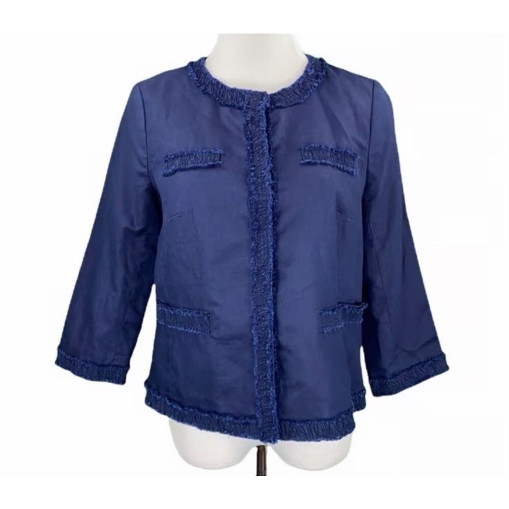 Talbots Womens Blazer Linen Cotton 3/4 Sleeve Button Front Lined Blue Size 12‎